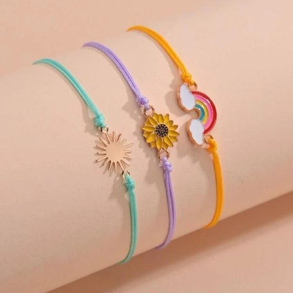 3 pcs Rainbow Flower Sun String Bracelet Set Adjustable Turquoise Purple Yellow - Picture 3 of 6